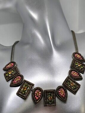 Boho Statement Necklace Pink Green Rhinestone Beaded Mosaic Y2K Necklace 16"